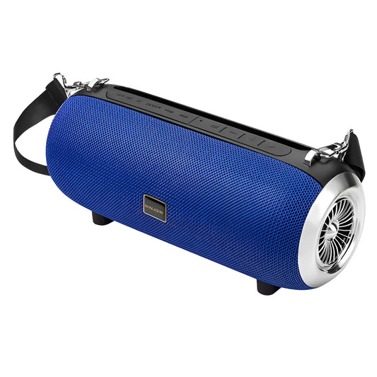 F666 Mini portable Bluetooth speaker in black with retractable FM antenna and shoulder strap.