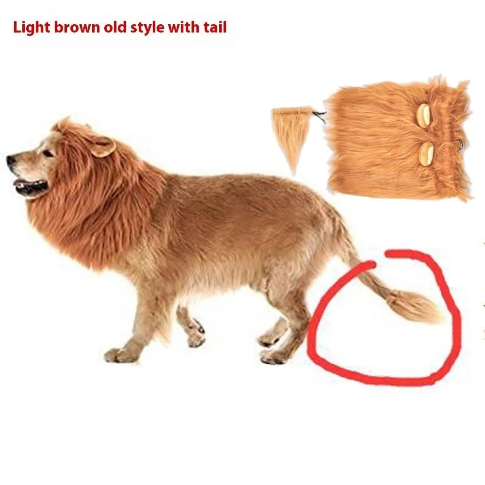 Dog wearing adjustable lion headdress costume with elastic neckband in light brown colour