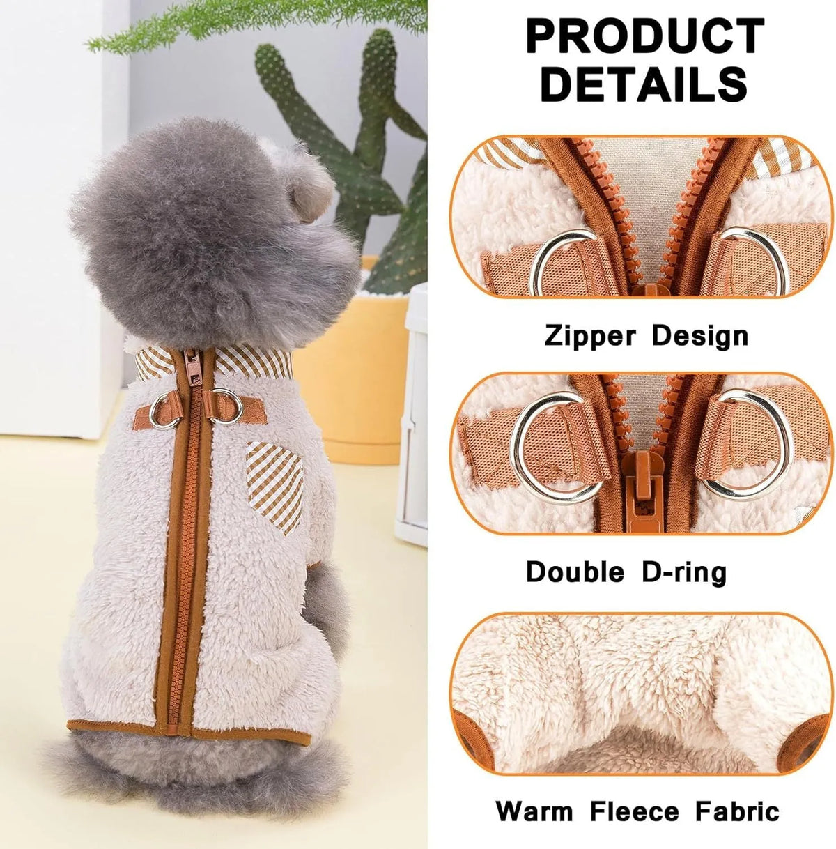 Green plush fleece dog jumpsuit coat with a back zipper and D-rings on a small dog.