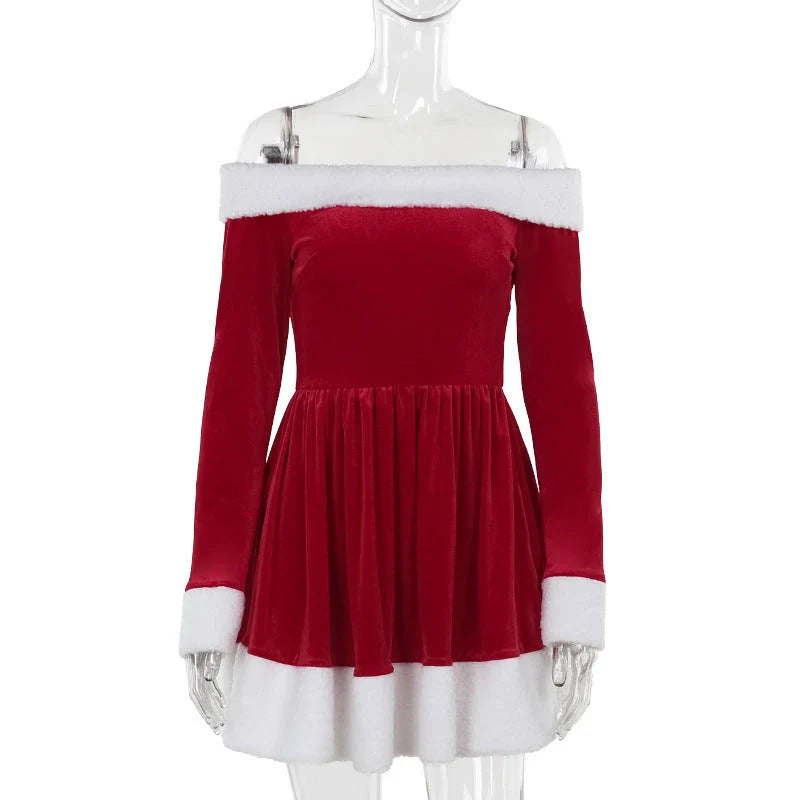 Women's Christmas Santa Dress with Plush Trim, Off-Shoulder Sleeves, and Festive Red Hue
