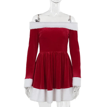 Women's Christmas Santa Dress with Plush Trim, Off-Shoulder Sleeves, and Festive Red Hue