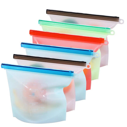Silicone vacuum sealed kitchen storage bags in various colors with drawstring design