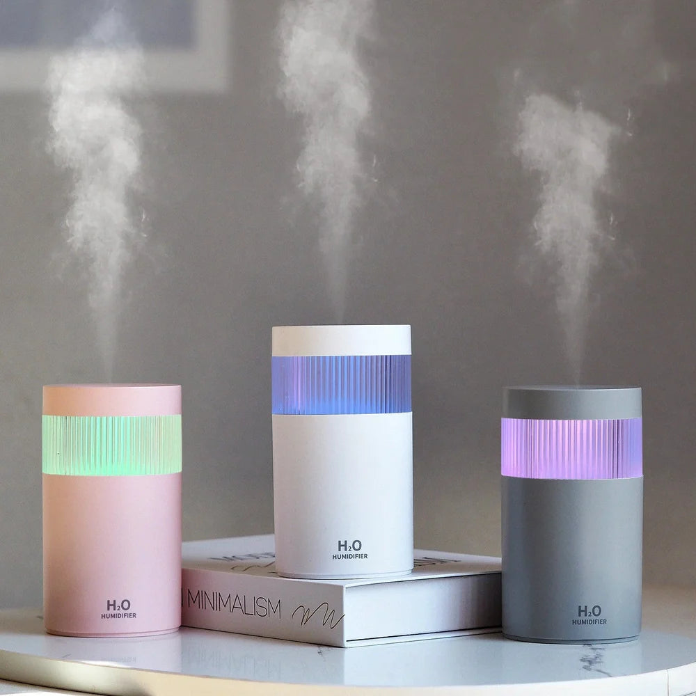 Grey mini USB humidifier measuring 73x73x132mm with water tank and seven-colour light display