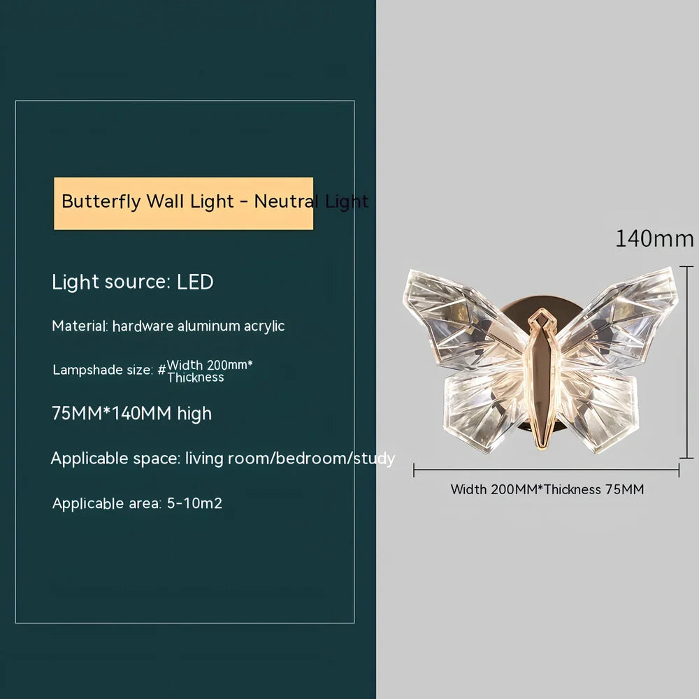Butterfly-shaped crystal wall lamp with aluminium frame and multi-colour LED lighting for bedroom decoration