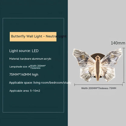 Butterfly-shaped crystal wall lamp with aluminium frame and multi-colour LED lighting for bedroom decoration