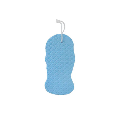 White 3D bath ball sponge with a fish scale exfoliating texture on a blue background.