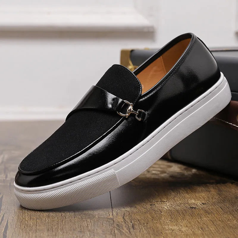 Men's black slip-on loafers with horsebit buckle and round toe, artificial leather upper