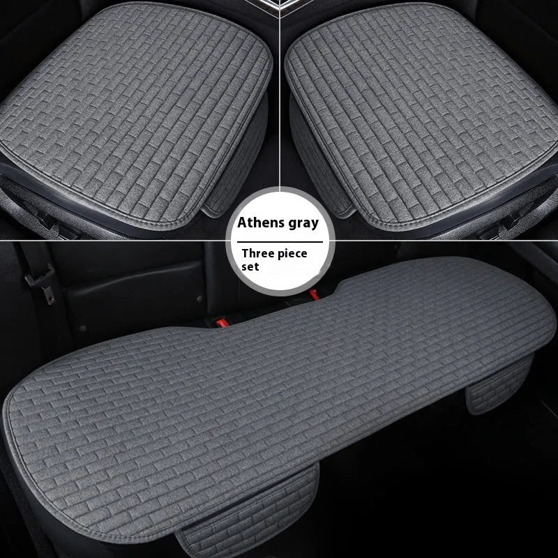 Linen car seat cushion three-piece protective pad with ventilation and sponge filler in black, black and red, grey, brown, or beige