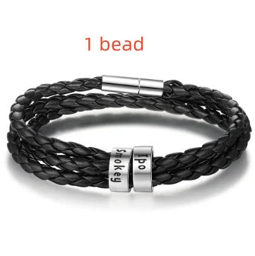 Personalized men's braided leather bracelet with stainless steel beads and custom name charm