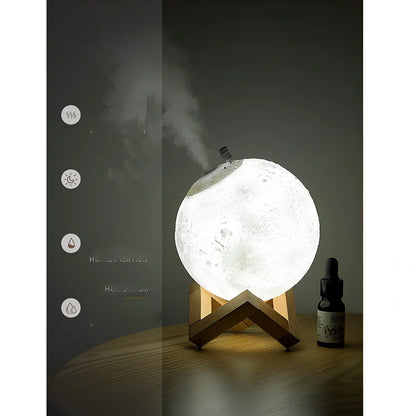Wood finish spherical lunar humidifier night light with 13cm diameter and USB charging port