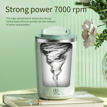 Beige auto stirring electric coffee cup, 400ml capacity, 14cm tall with USB rechargeable stirrer and insulated walls
