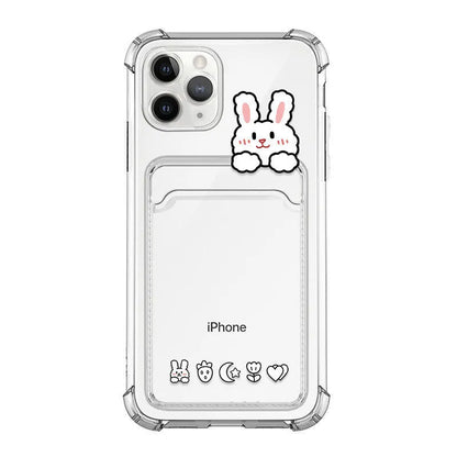 Cartoon transparent TPU phone case with card holder for iPhone, showing painted design and slim fit