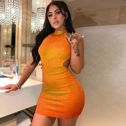 Chic women's high-neck dress with dramatic back cutout and form-fitting silhouette
