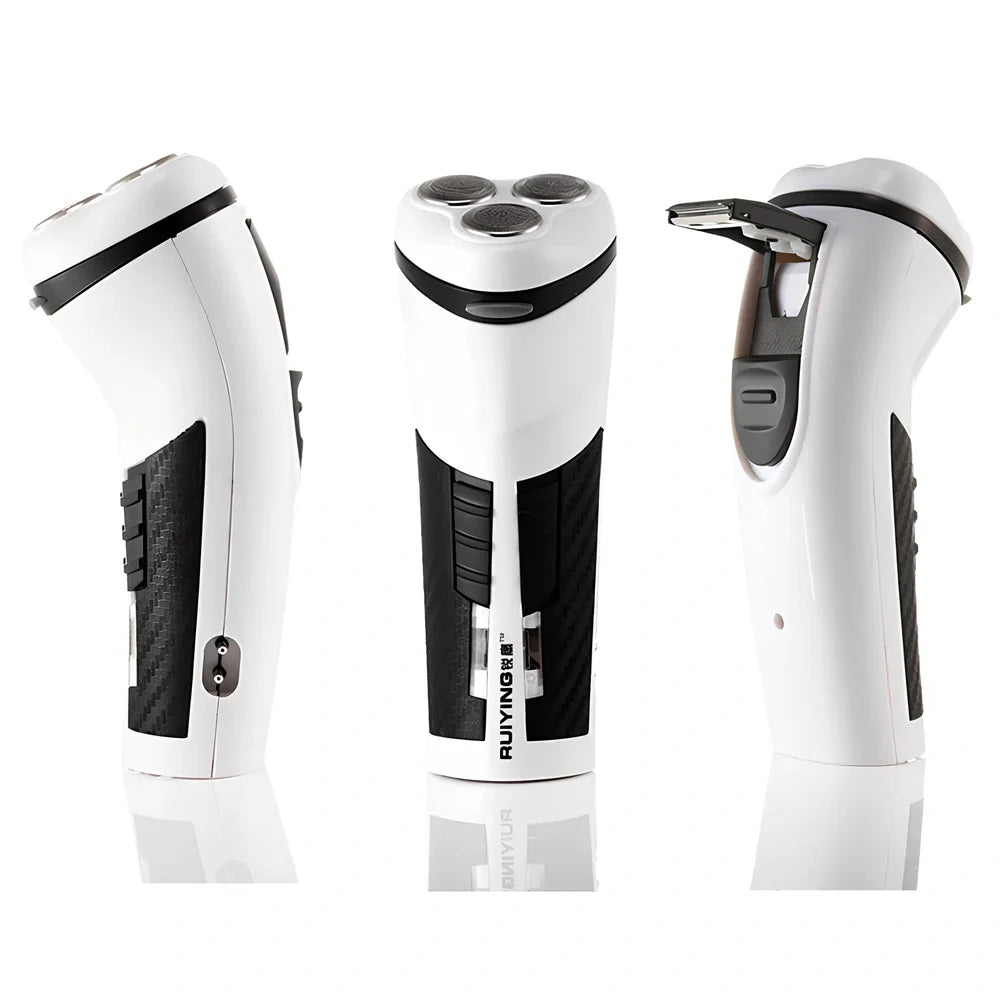 Ruiying cordless electric shaver with built-in body wash dispenser showing rubberised grip and 3D floating heads