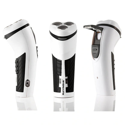 Ruiying cordless electric shaver with built-in body wash dispenser showing rubberised grip and 3D floating heads