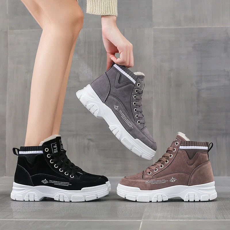 Women's lace-up fashion sneakers with warm plush lining in black, gray, and brown
