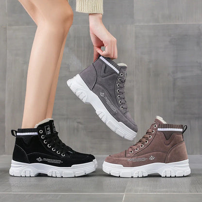 Women's lace-up fashion sneakers with warm plush lining in black, gray, and brown