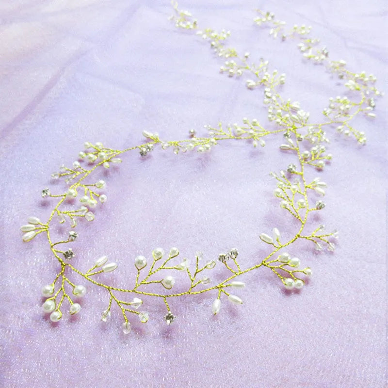 Bride's long hair band with crystal pearls in silver colour option showing 100cm length