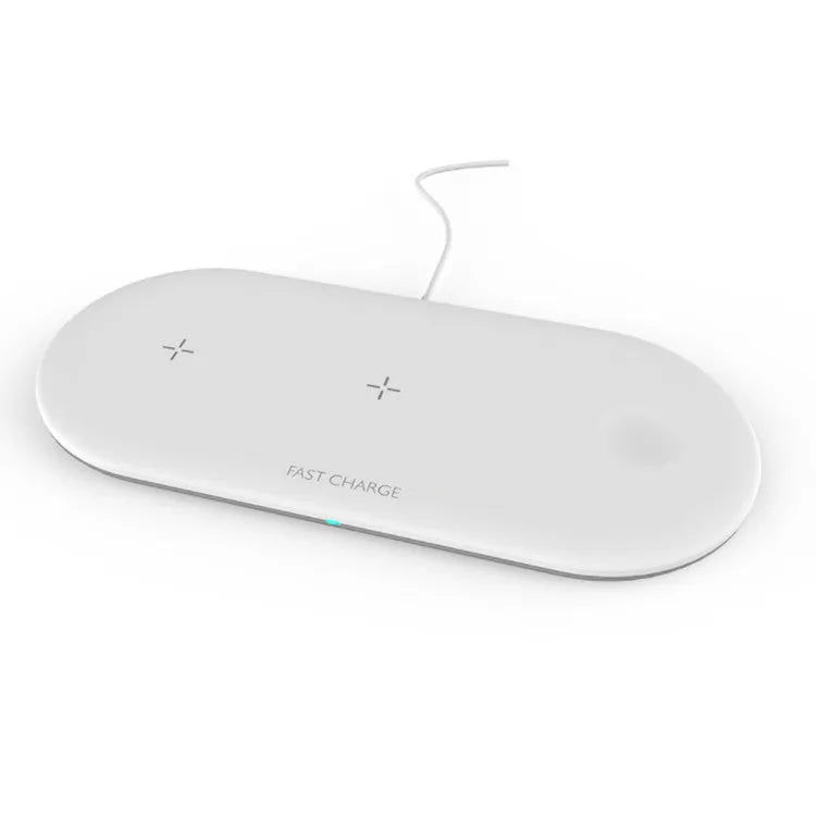 Black and white three-in-one desktop wireless charger for Apple iPhone, Watch, and headphones.