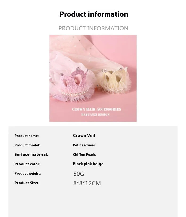 Cat wearing a princess crown headdress with a choice of beige or pink veil