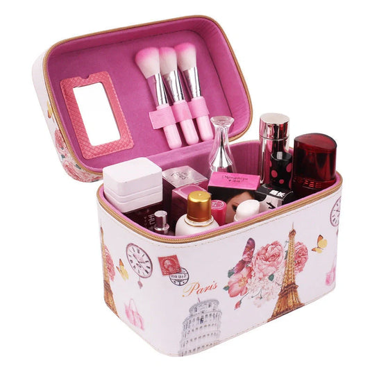7-inch rigid cosmetic bag with waterproof PU leather and scenic pattern design