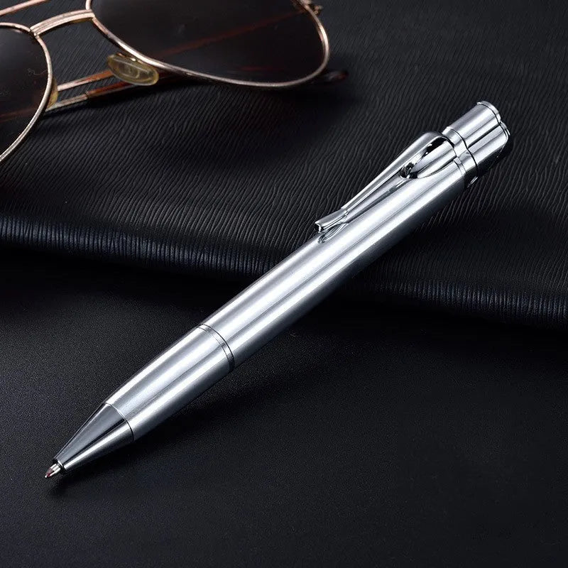 Silver metal pen-style jet lighter with side ignition button and windproof flame.