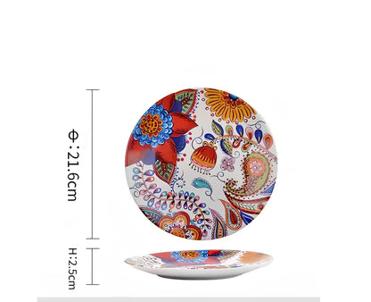 Underglaze ceramic bowl with Bohemian floral pattern in blue mandarin duck design, 8 inch diameter