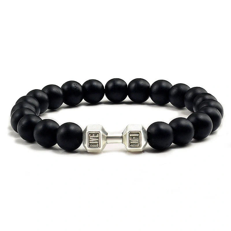 Men's fitness fashion bracelet with alloy dumbbell and lava rock beads, 18cm length, 20g weight