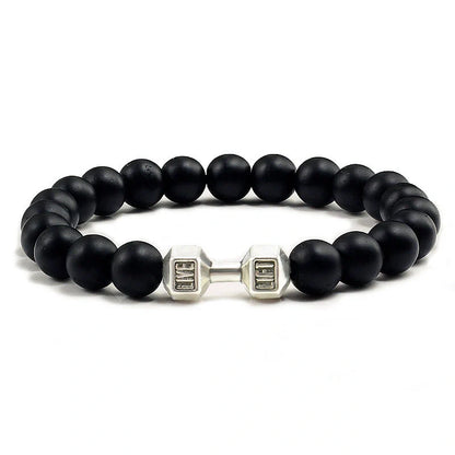 Men's fitness fashion bracelet with alloy dumbbell and lava rock beads, 18cm length, 20g weight