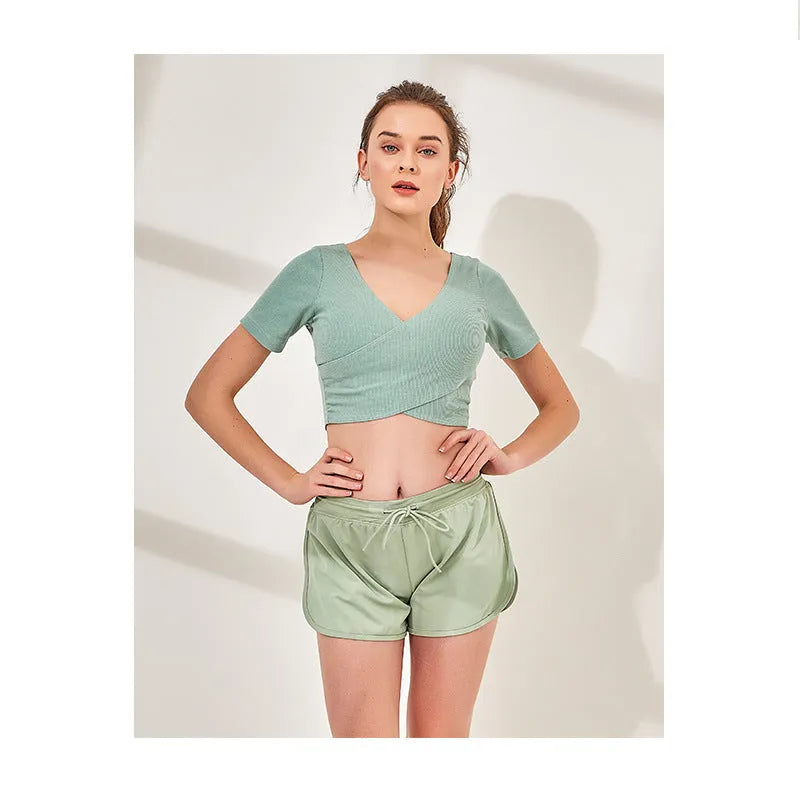 Cotton sports running yoga clothes set in navy blue, smoke pink or water green, sizes L M S