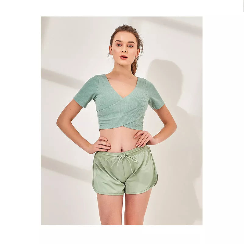 Cotton sports running yoga clothes in water green, smoke pink, and navy blue