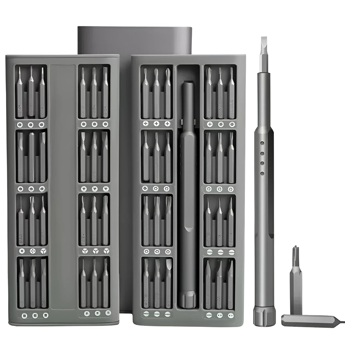 49-in-1 magnetic screwdriver set for phone repair with nickel aluminium bronze handles in a holder.