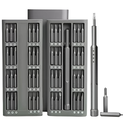 49-in-1 magnetic screwdriver set for phone repair with nickel aluminium bronze handles in a holder.
