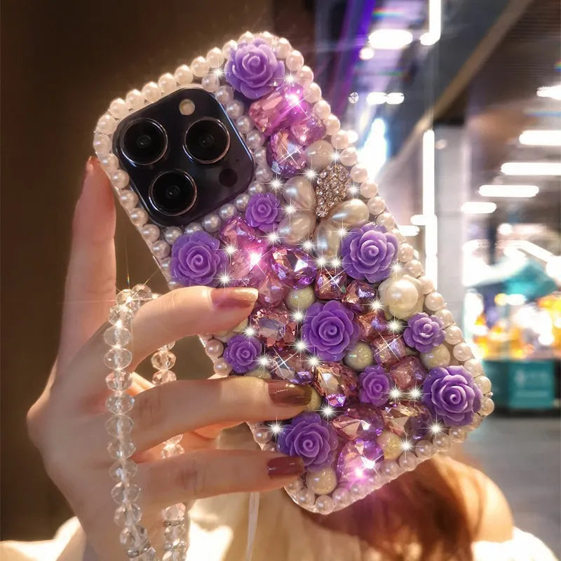 Flower shiny TPU iPhone case in pink or purple with crystal bracelet, anti-fingerprint cover for iPhone 11 to 16 Pro Max
