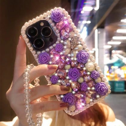 Flower shiny TPU iPhone case in pink or purple with crystal bracelet, anti-fingerprint cover for iPhone 11 to 16 Pro Max