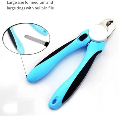 Blue heavy-duty dog nail clippers with a visible safety guard, shown closed on a white background.