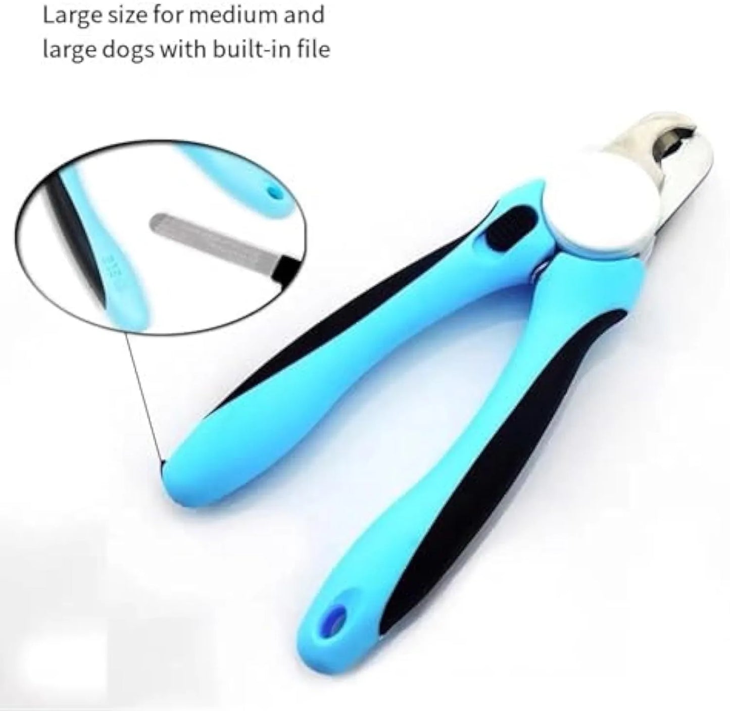 Blue heavy-duty dog nail clippers with a visible safety guard on the blades, shown next to a dog's paw.