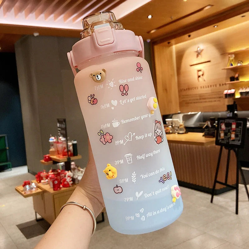 2000ml gradient color water bottle with straw and scale feature
