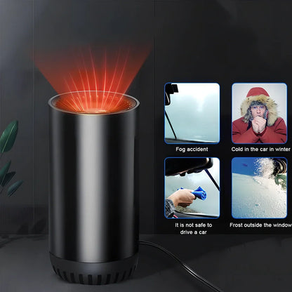 Black-grey 12V car windshield heater with suction cup mount measuring 15x7cm with 1.5m cable