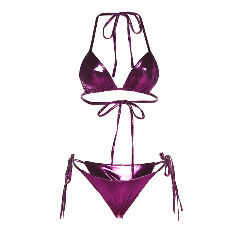 Reflective lace-up bikini set with hanging neck design in dark grey, black, and purple