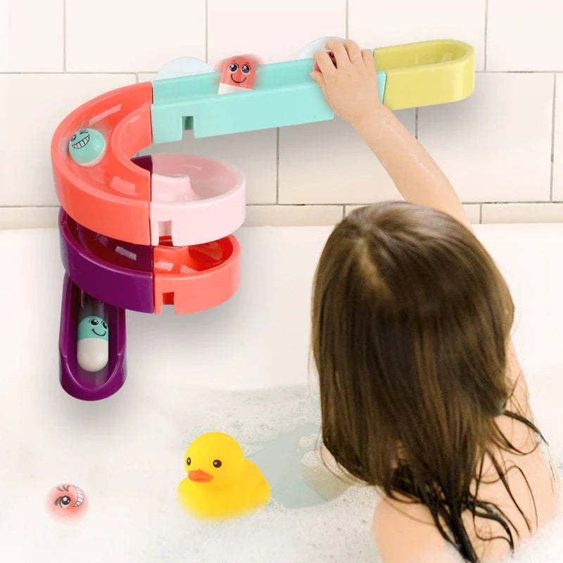 Splash-Tastic Marble Ramp Toy: A colorful, interactive bath time toy that encourages water play and cognitive development in children.