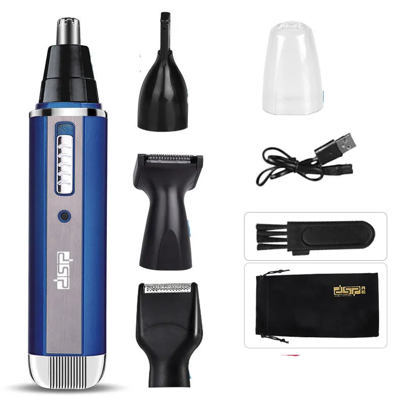 Blue cordless electric shaver and multi-groomer with trimming attachments on a white background.
