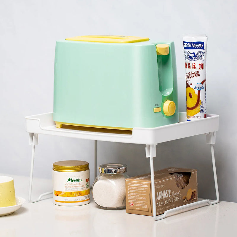 Kitchen supplies rack desktop shelf organiser for cupboards and drawers, transparent or white plastic storage tray with multi-compartment design