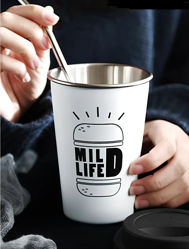 350ml ROKEN stainless steel cup in coffee black with lid, straight and curved straws for travel use