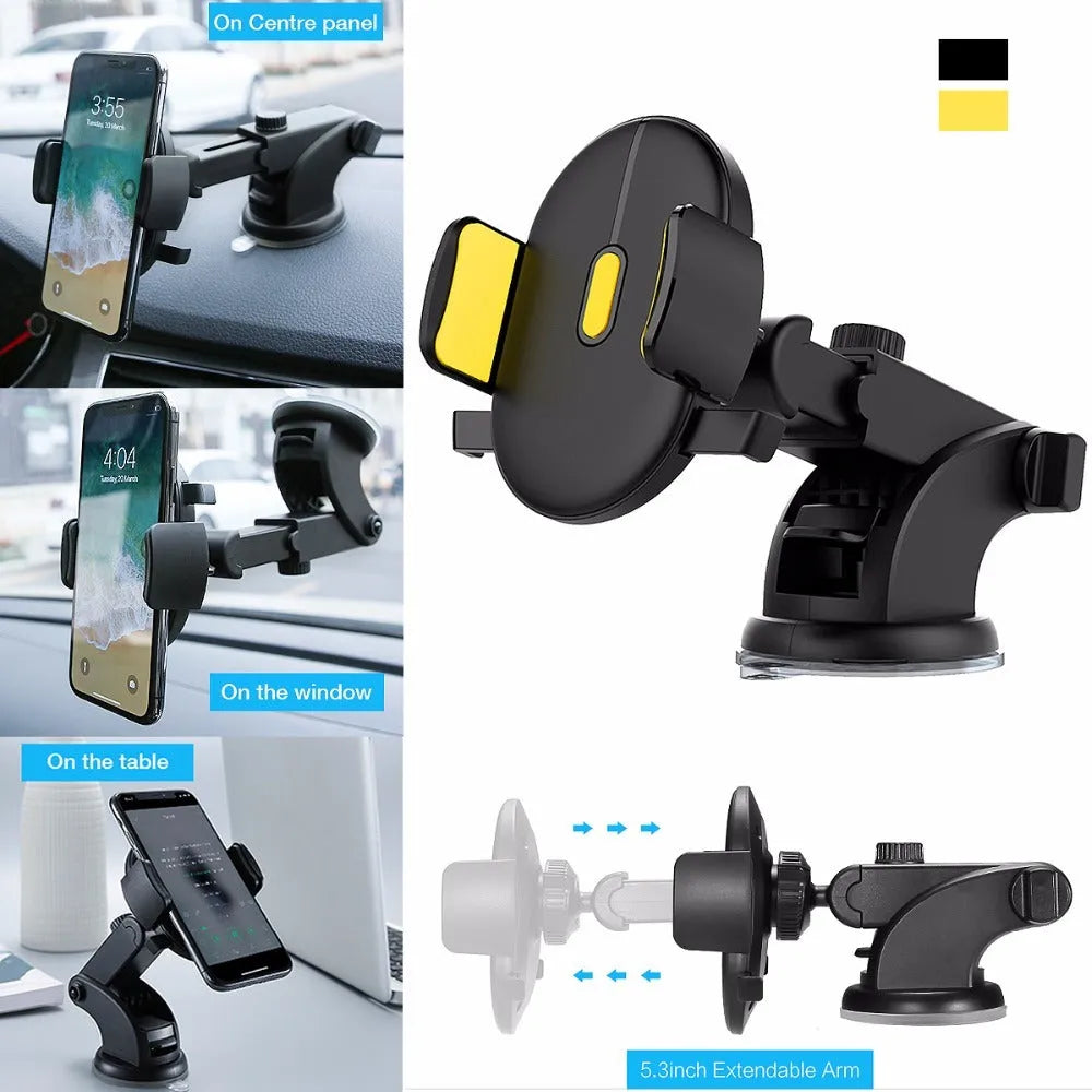 Yellow and black car phone holder with telescopic arm extended, gel pad, and 360-degree rotation on a dashboard