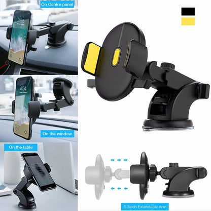 Yellow and black car phone holder with telescopic arm extended, gel pad, and 360-degree rotation on a dashboard