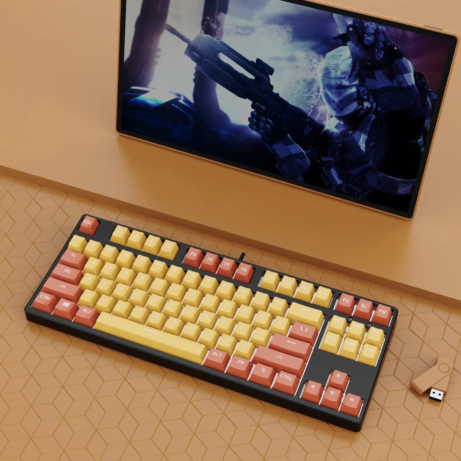 87-key mechanical keyboard with two-tone coloured keycaps on metal case