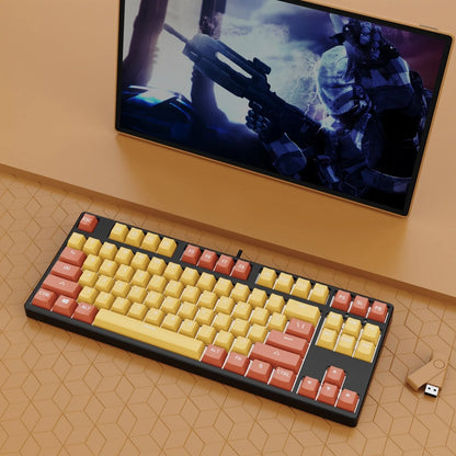 87-key mechanical keyboard with two-tone coloured keycaps on metal case