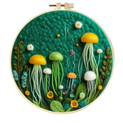 Round fabric embroidery kit with 20x20cm linen frame and wool felt for three-dimensional floral artwork