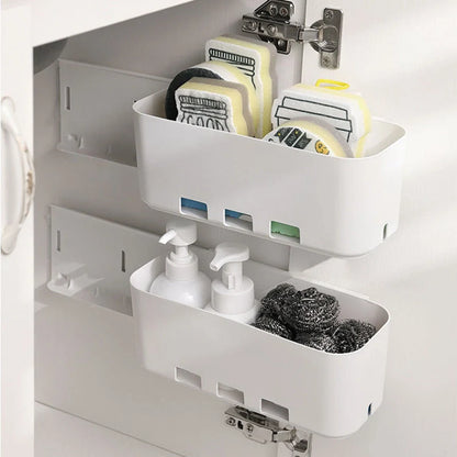 White retractable kitchen cabinet storage rack with hole-free design